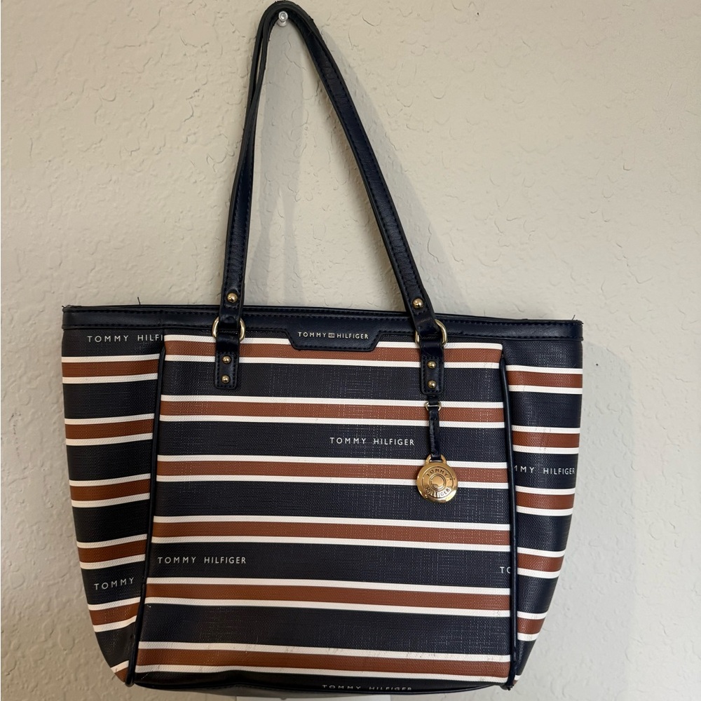 Tommy Hilfiger Navy and Brown Striped Tote Bag
